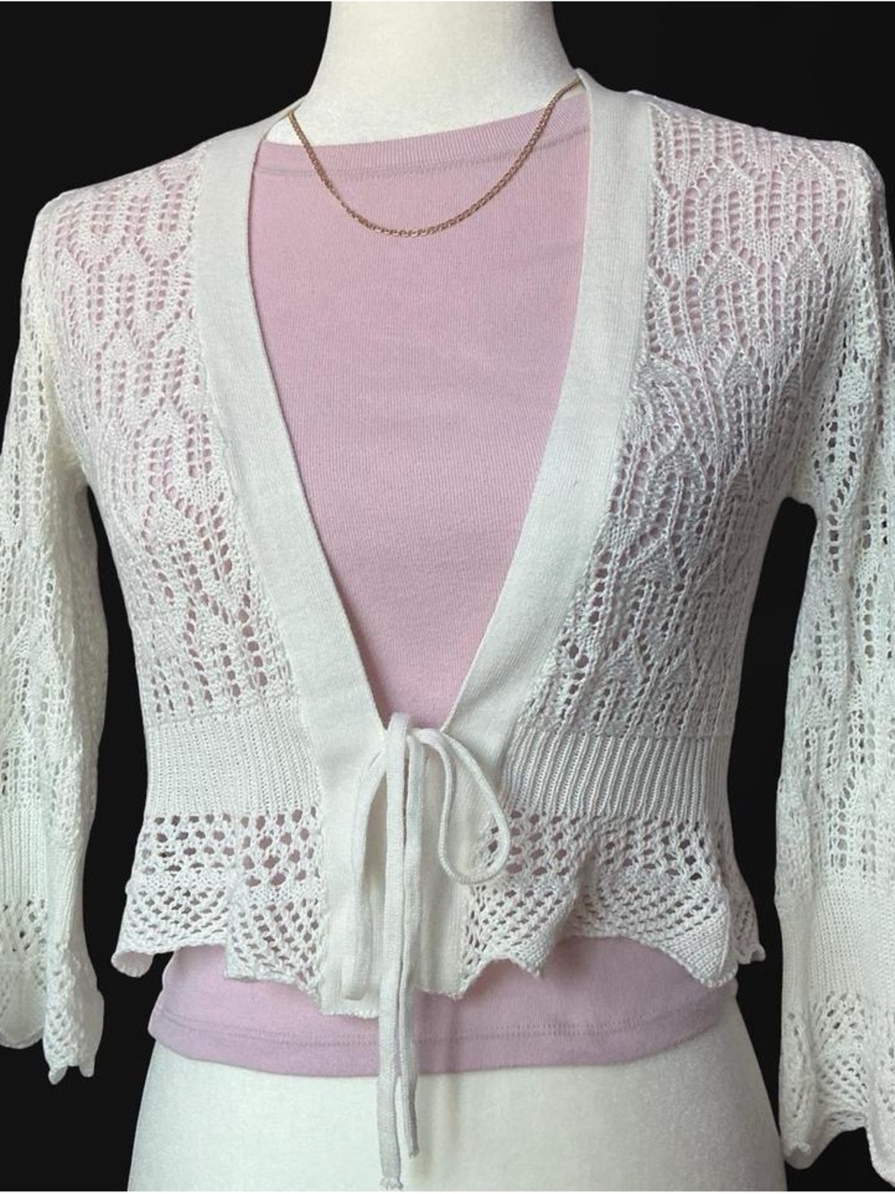 Delicate White Crochet Tie-Front Cardigan
